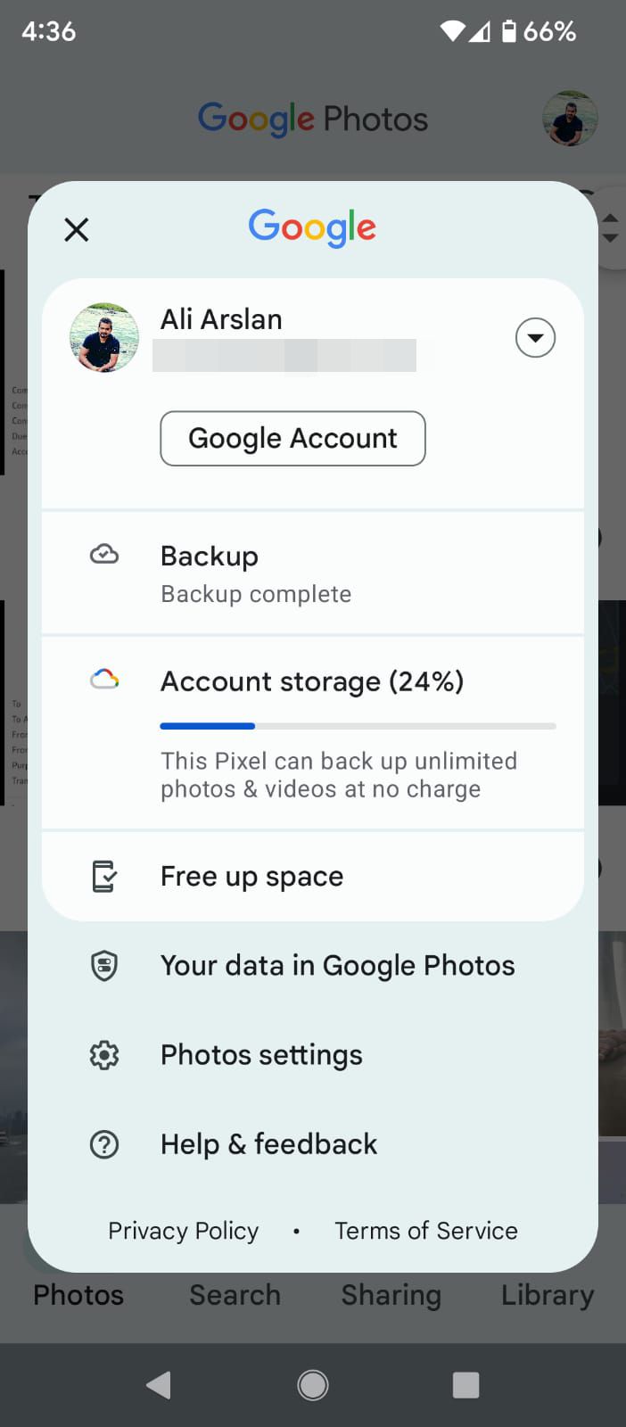 Список настроек в Google Photos с пунктом «Освободить место»