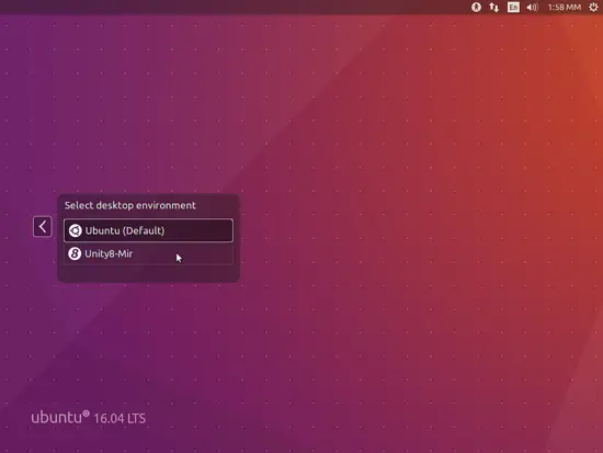 Sélection de la session Unity Desktop lors de la connexion