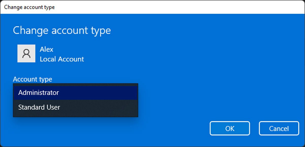 Установка типа учётной записи на «Администратор»