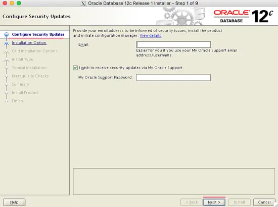 Окно конфигурации обновлений безопасности установщика Oracle