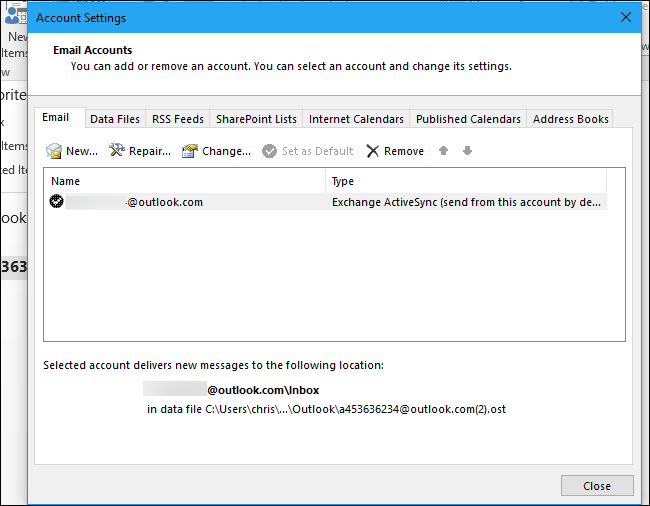 Окно «Параметры учётной записи» в Outlook для управления учётными записями