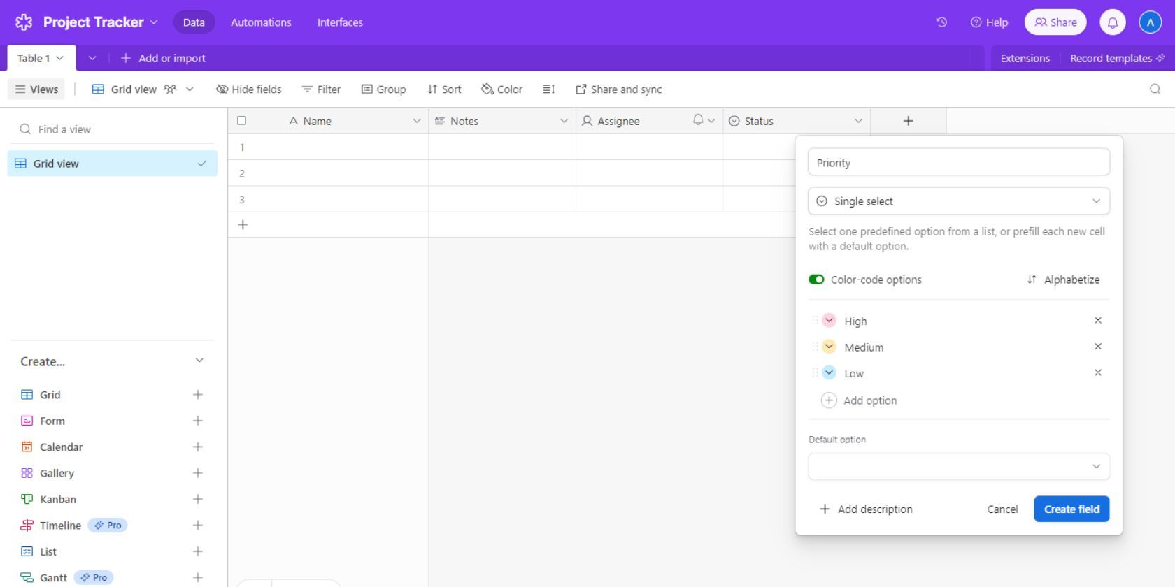 Скриншот Airtable, показывающий как конфигурировать новые поля
