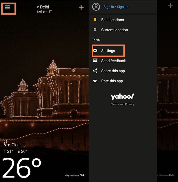 Открыть настройки приложения Yahoo Weather