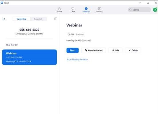 Список запланированных встреч и кнопка Начать