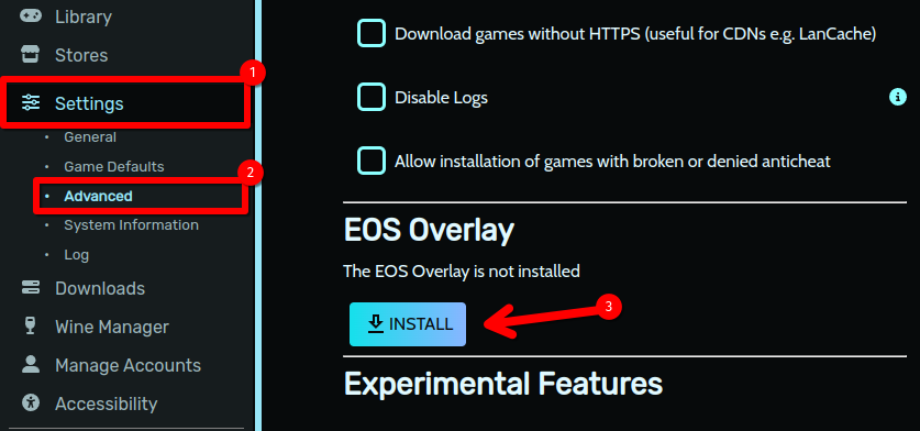 Heroic Games Launcher с выделением Settings, Advanced и кнопки установки EOS Overlay.
