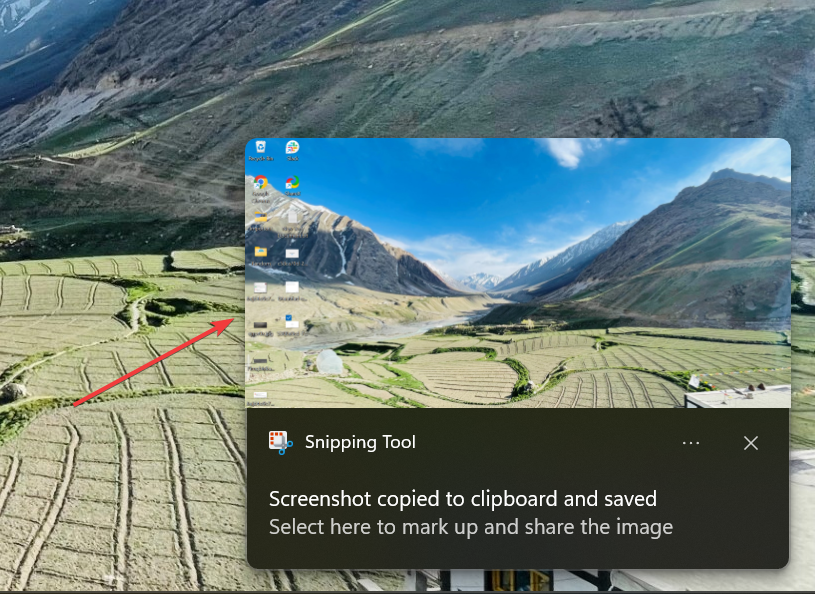 Уведомление о снимке экрана Snipping Tool