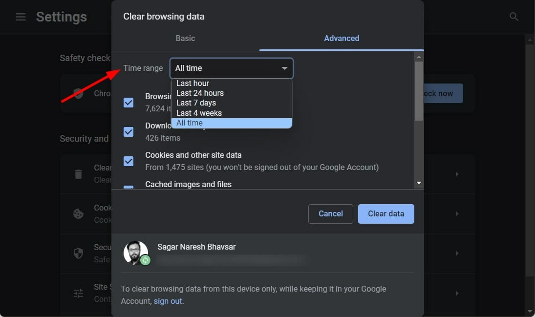 Окно очистки данных просмотра с выбором «За всё время»