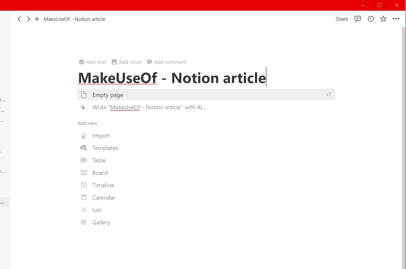Параметры настройки пустой страницы Notion.