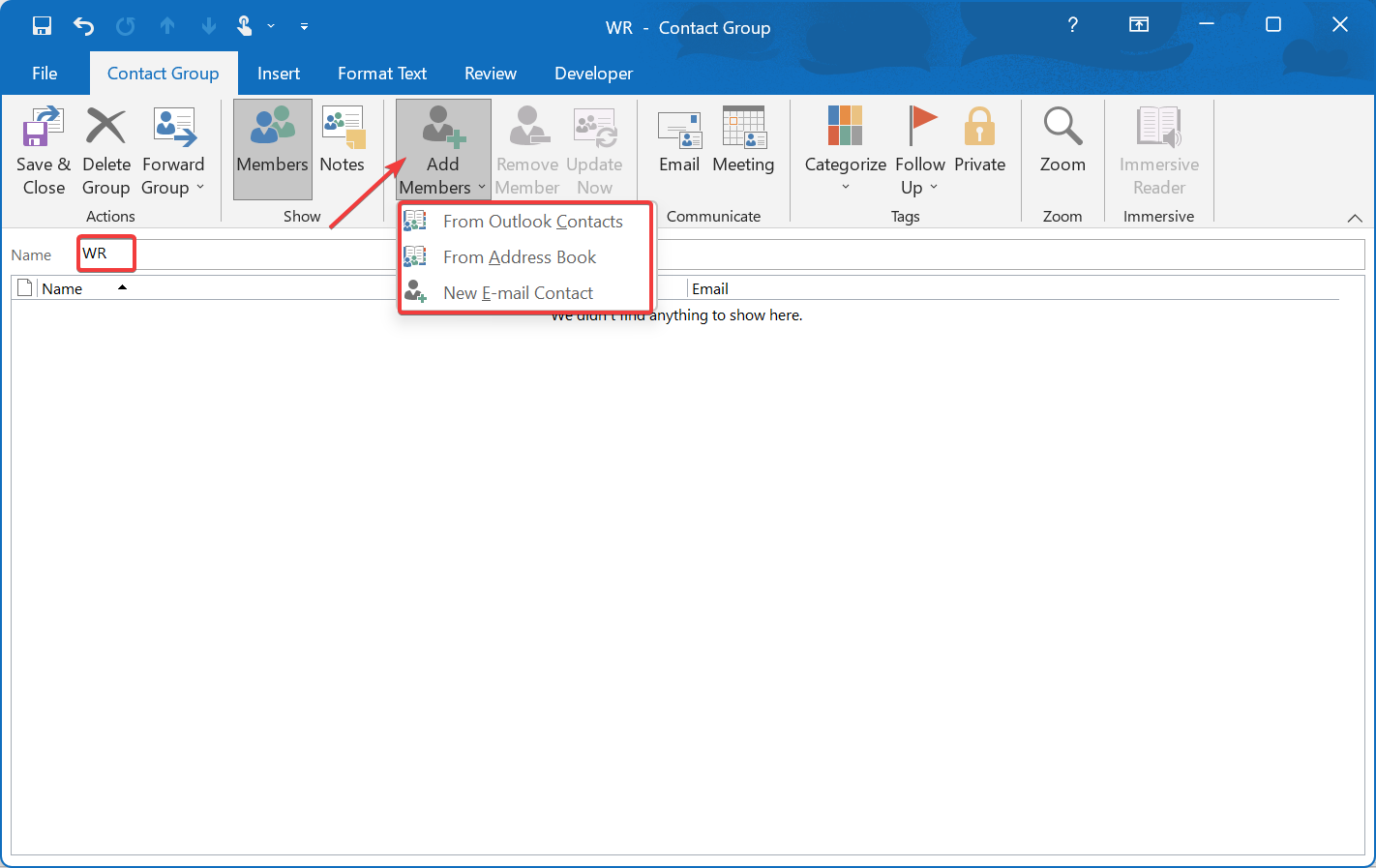 Окно добавления участников в контактную группу Outlook