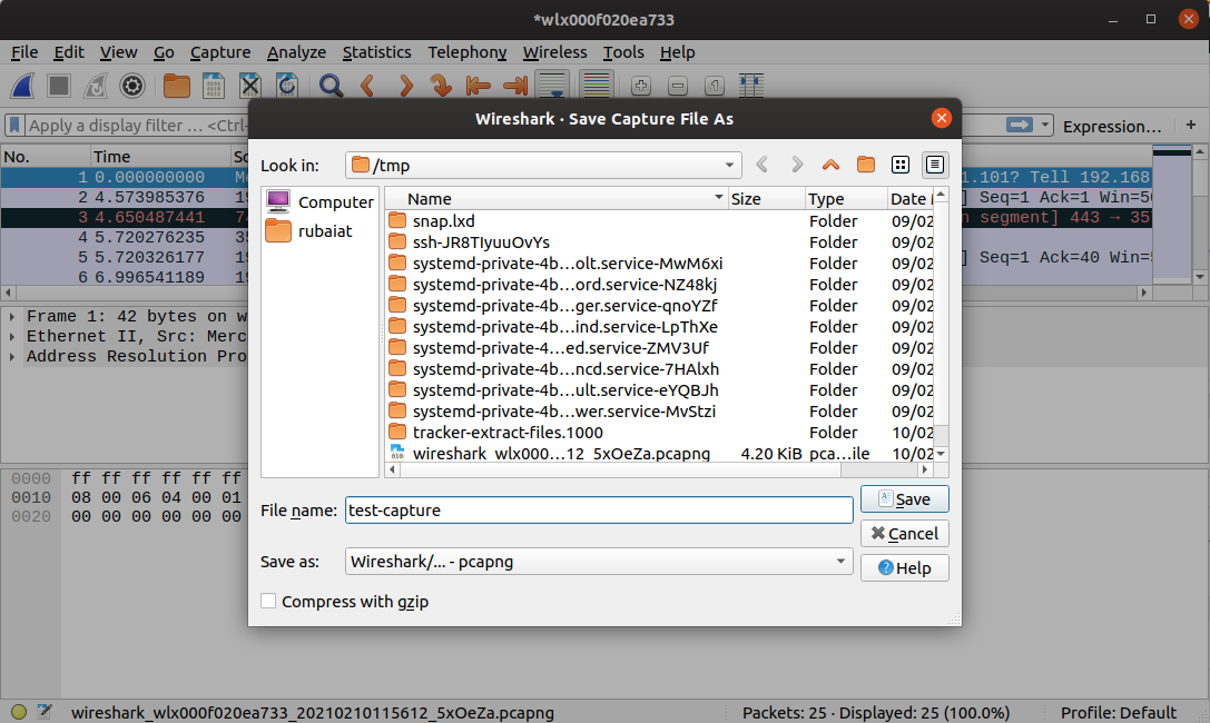save captured packets in Wireshark