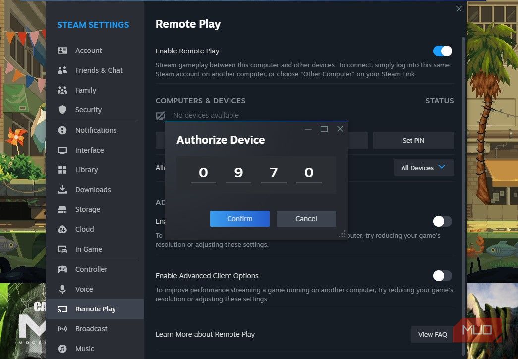 PIN-код для сопряжения Steam Link