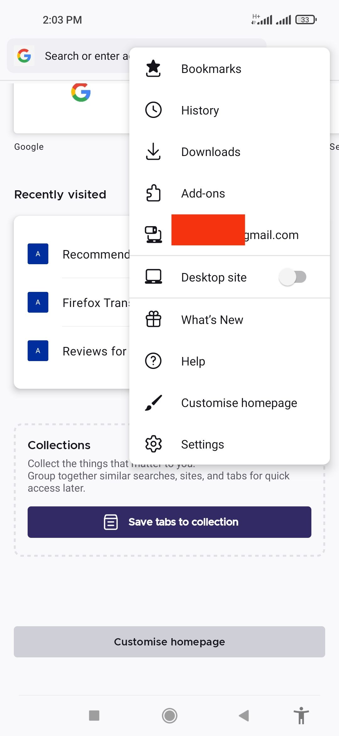 Окно закладок Firefox на Android с меню опций
