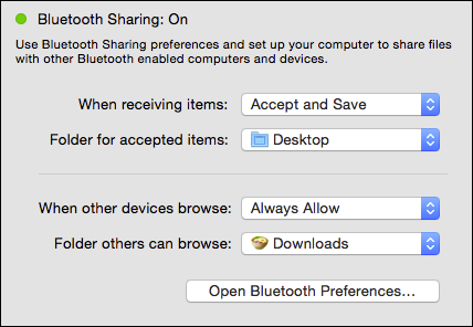 Выбор папки для принятых Bluetooth‑файлов