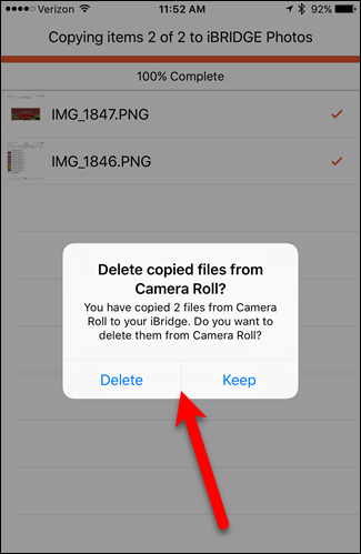 Диалог удаления скопированных файлов в iBridge 3