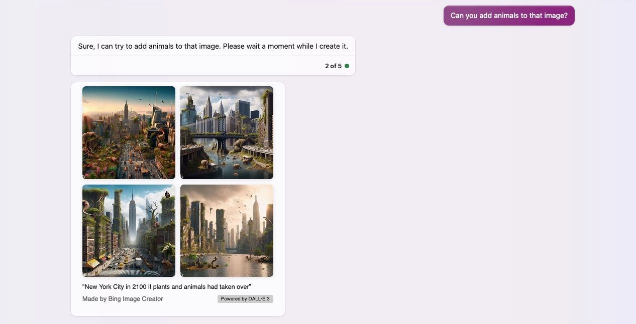 DALL-E 3: Нью-Йорк, заросший растениями и животными