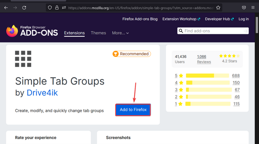 Кнопка Добавить в Firefox для расширения Simple Tab Groups