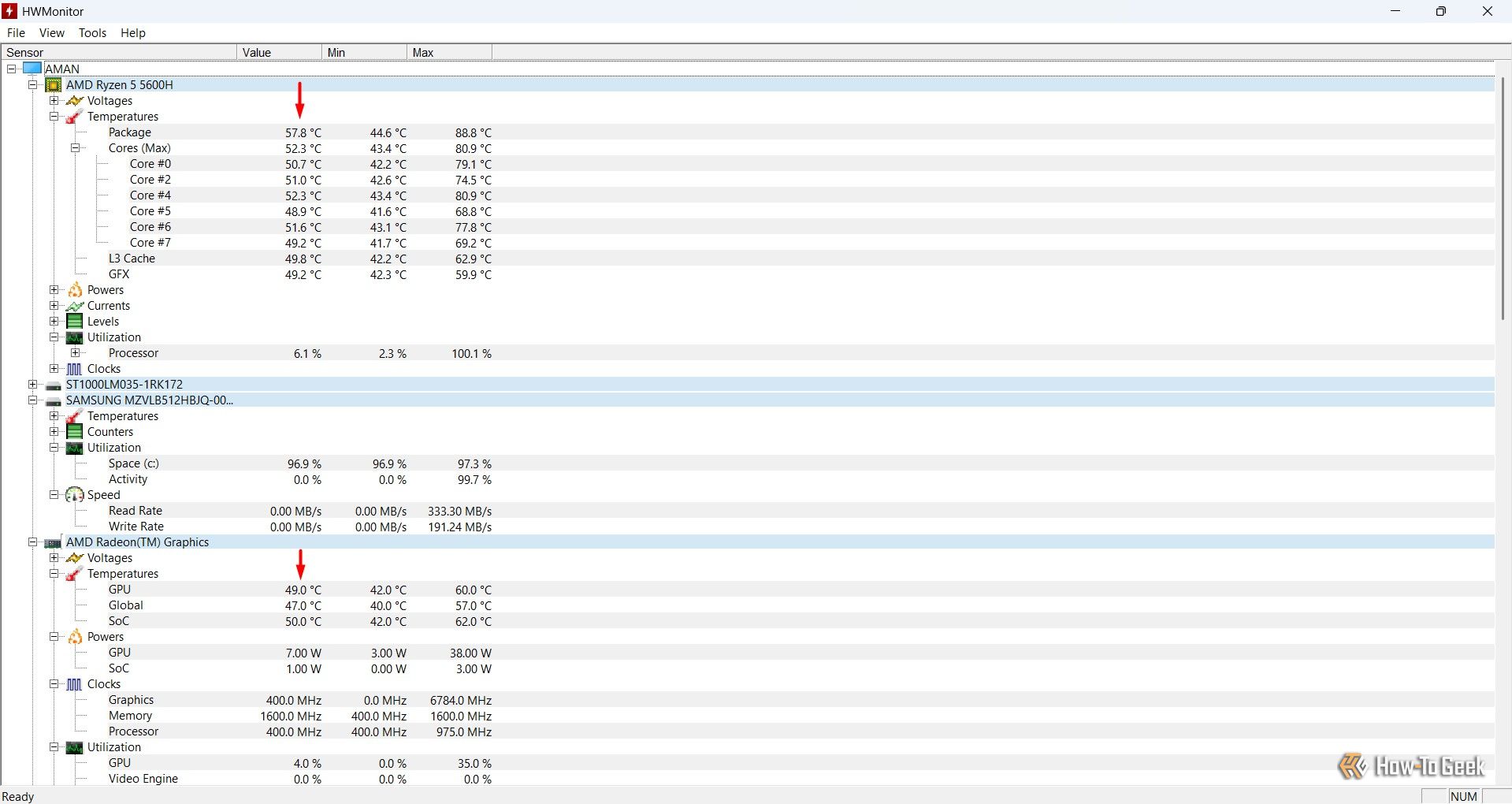 Temperaturas de CPU e GPU na ferramenta HWMonitor.