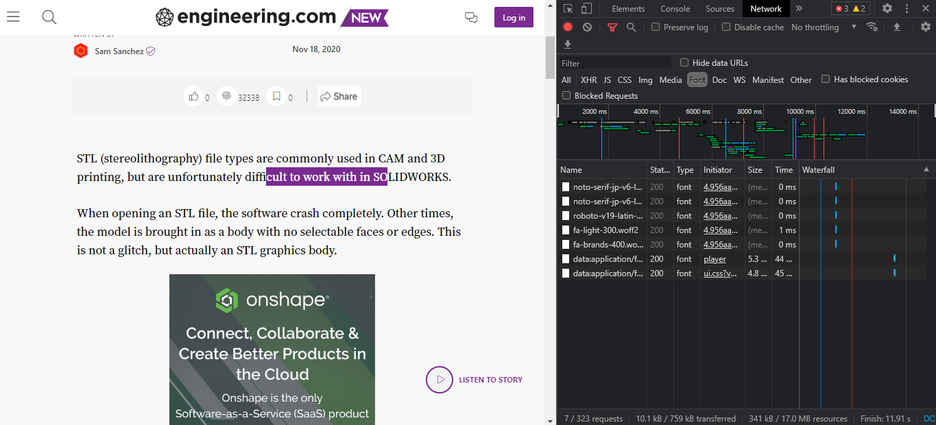 Список шрифтов в сети через вкладку Font панели Network