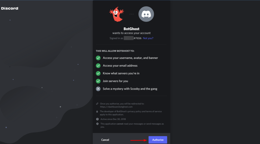 Подтвердите авторизацию в BotGhost