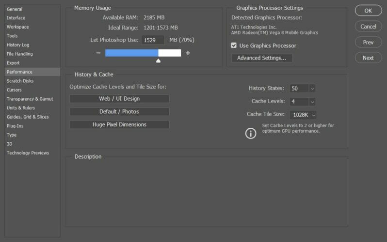 Окно настроек использования памяти в Photoshop
