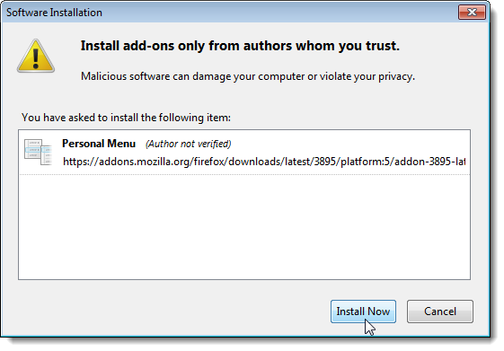 Диалог установки расширения с кнопкой Install Now