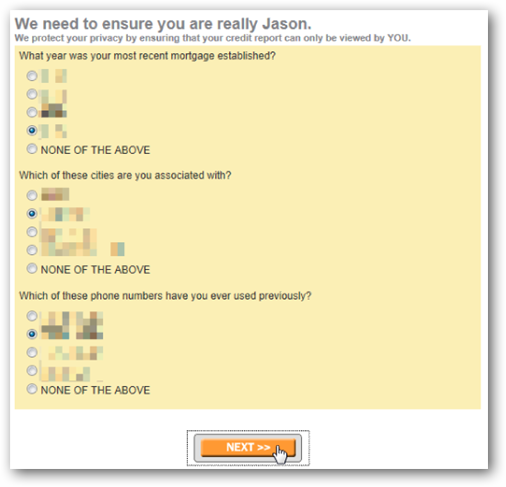 Пример вопросов для верификации личности на TransUnion