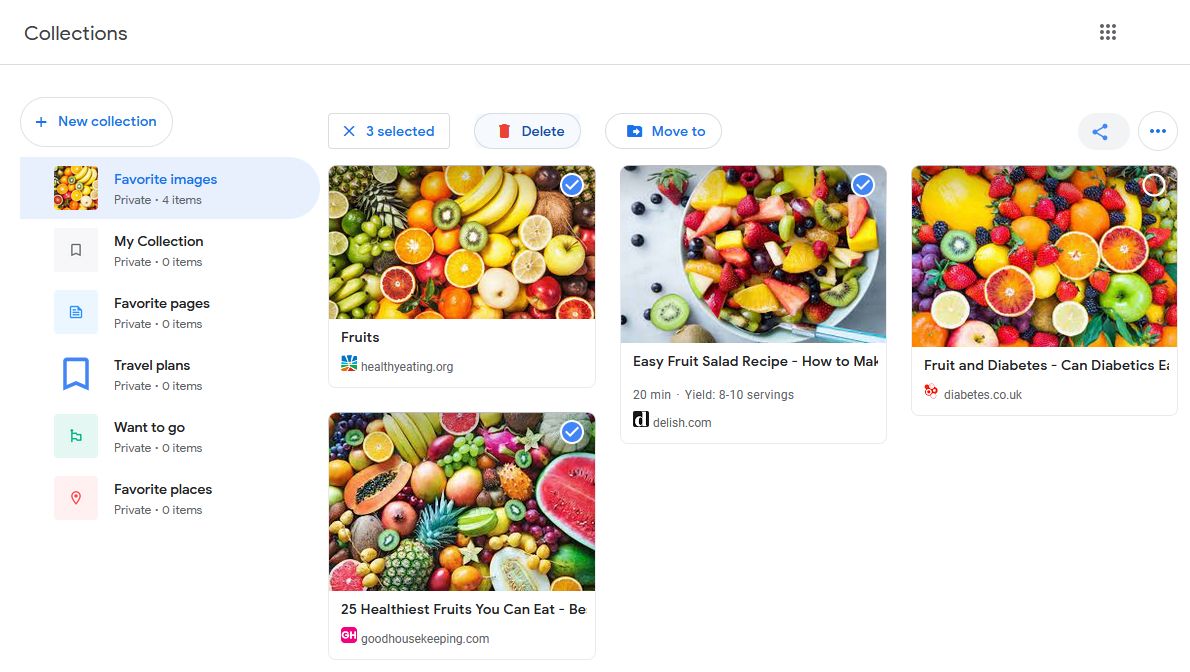 выбранные элементы в коллекции Google