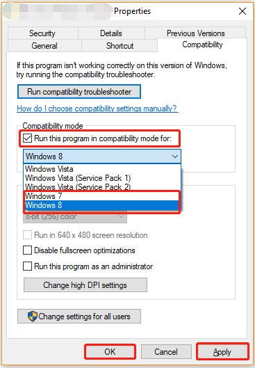 Esegui in modalità compatibilità e come amministratore
