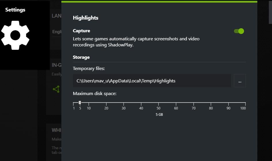 Опция «Снимки/Запись» для Highlights в GeForce Experience
