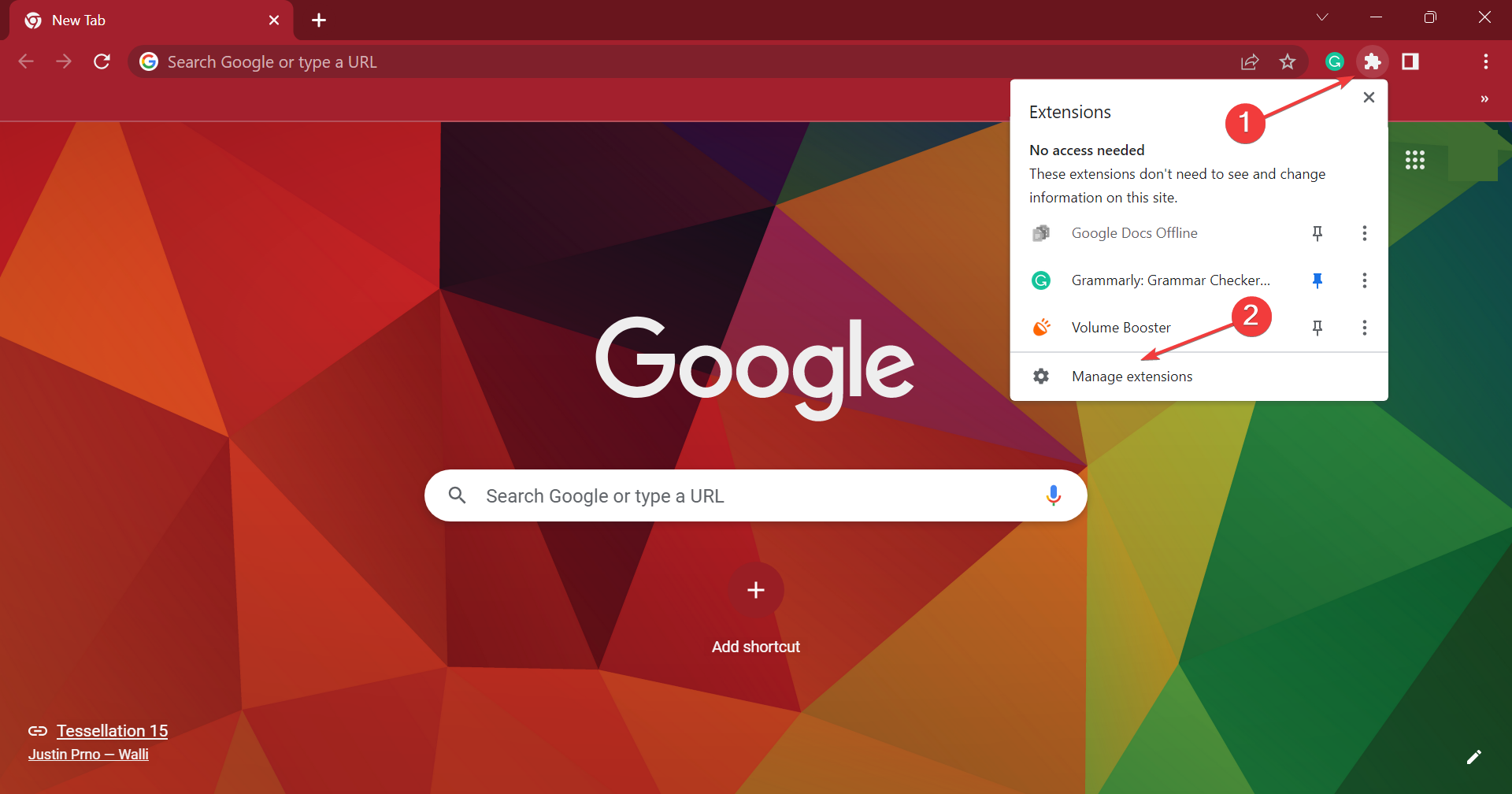 Менеджер расширений Chrome — иконка и меню