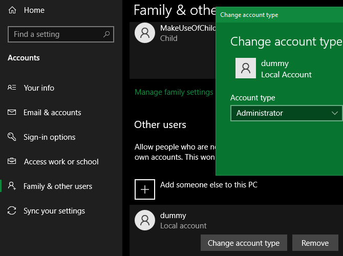 Окно изменения типа учётной записи в Windows