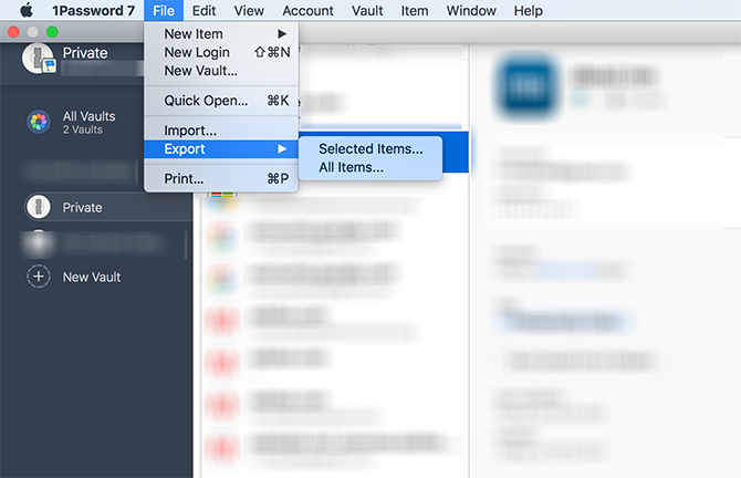 Экспорт из 1Password — меню Export в десктоп-приложении
