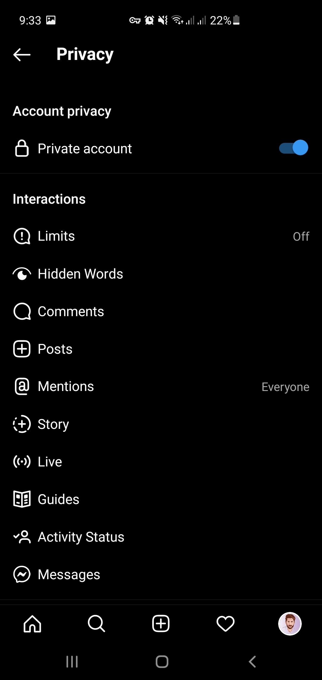 Private account bar on Instagram
