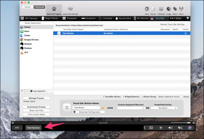 Новая кнопка Touch Bar, добавленная через BetterTouchTool