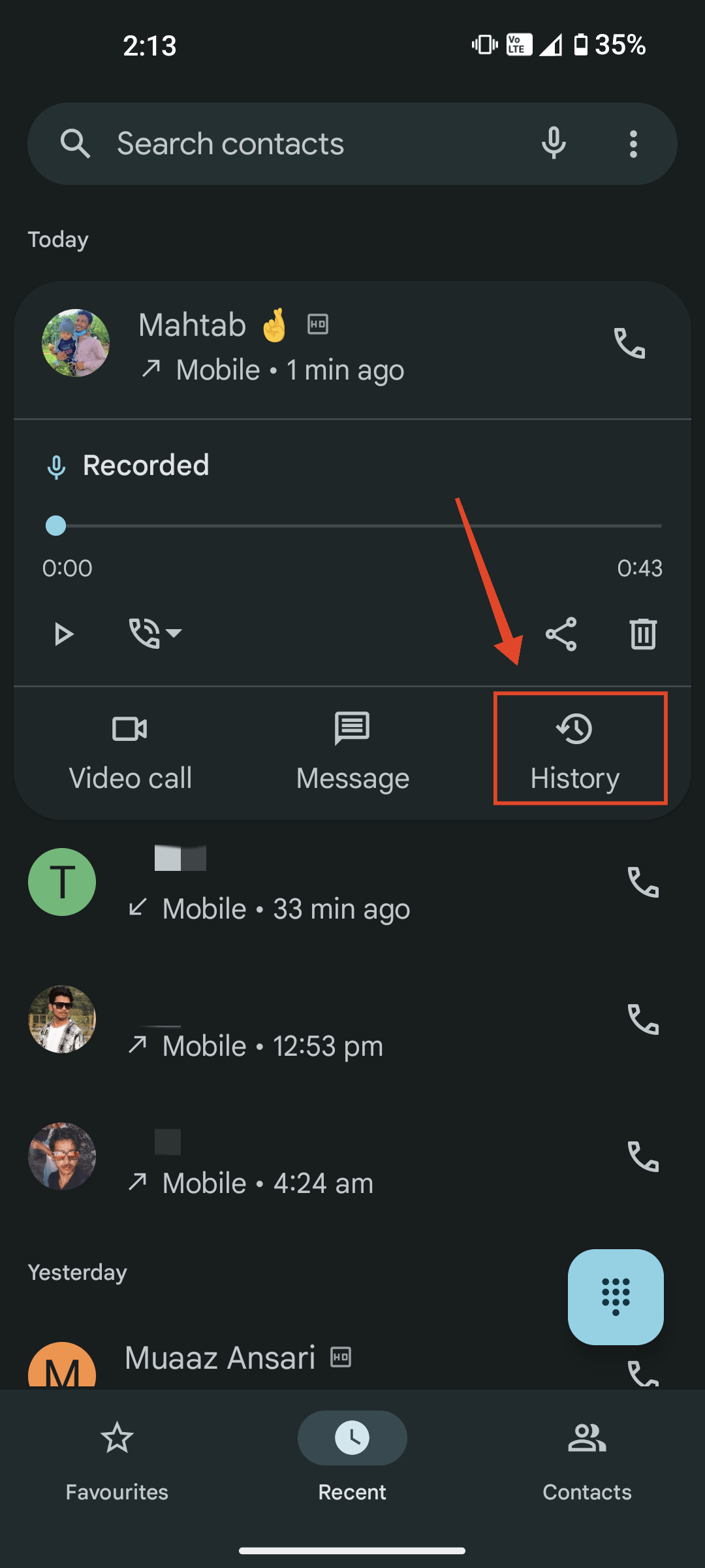 Переход в историю вызовов контакта