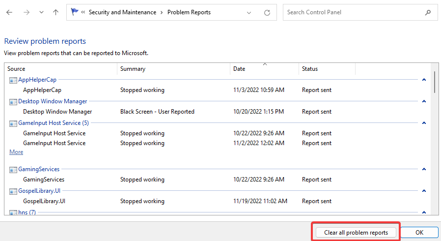 Кнопка 'Очистить все отчёты о проблемах' внизу экрана