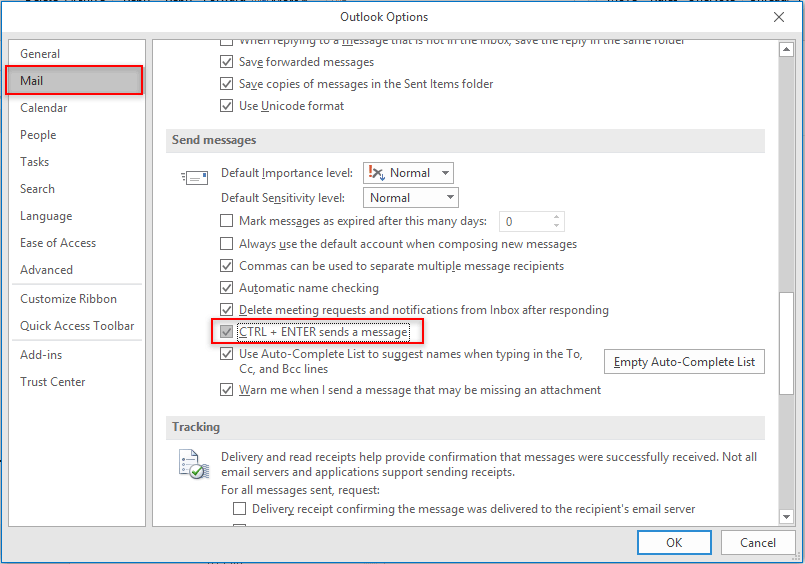 Окно «Параметры — Почта» с опцией отправки Ctrl+Enter