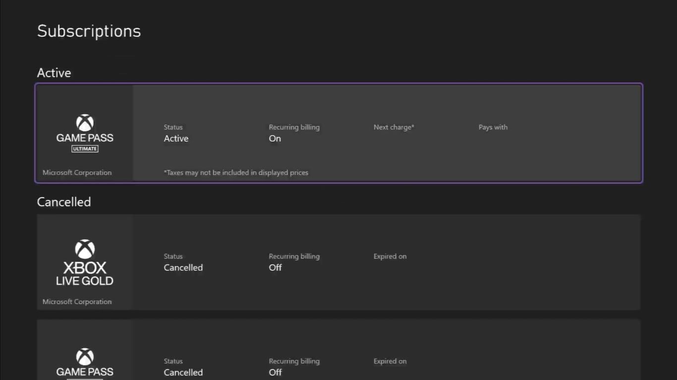 Скриншот списка активных и отменённых подписок на Xbox Series X