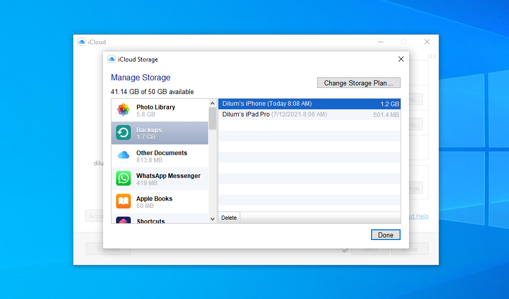 Управление хранилищем iCloud в Windows