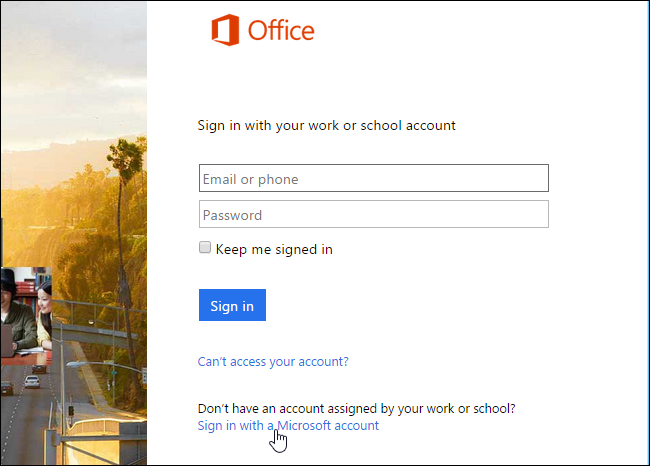Опция входа с учётной записью Microsoft на странице входа