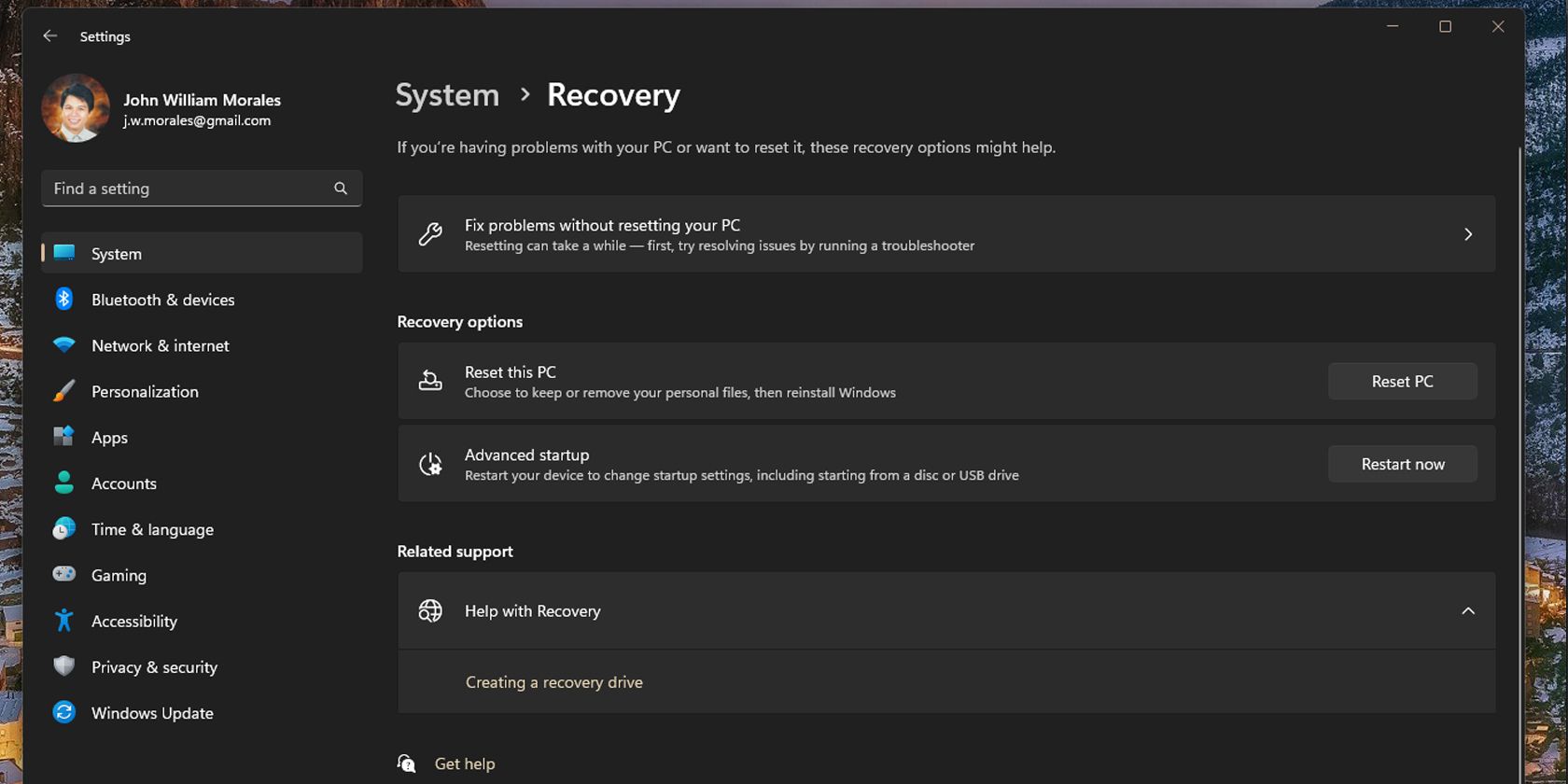 Опция сброса этого ПК в Windows 11