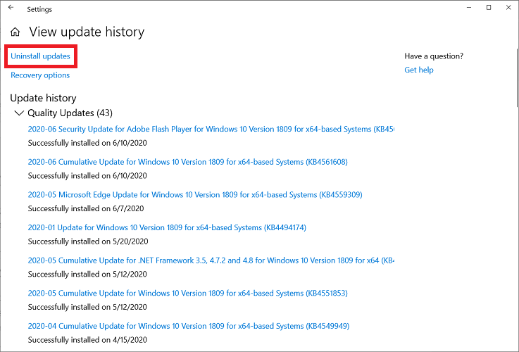 Кнопка удаления обновлений