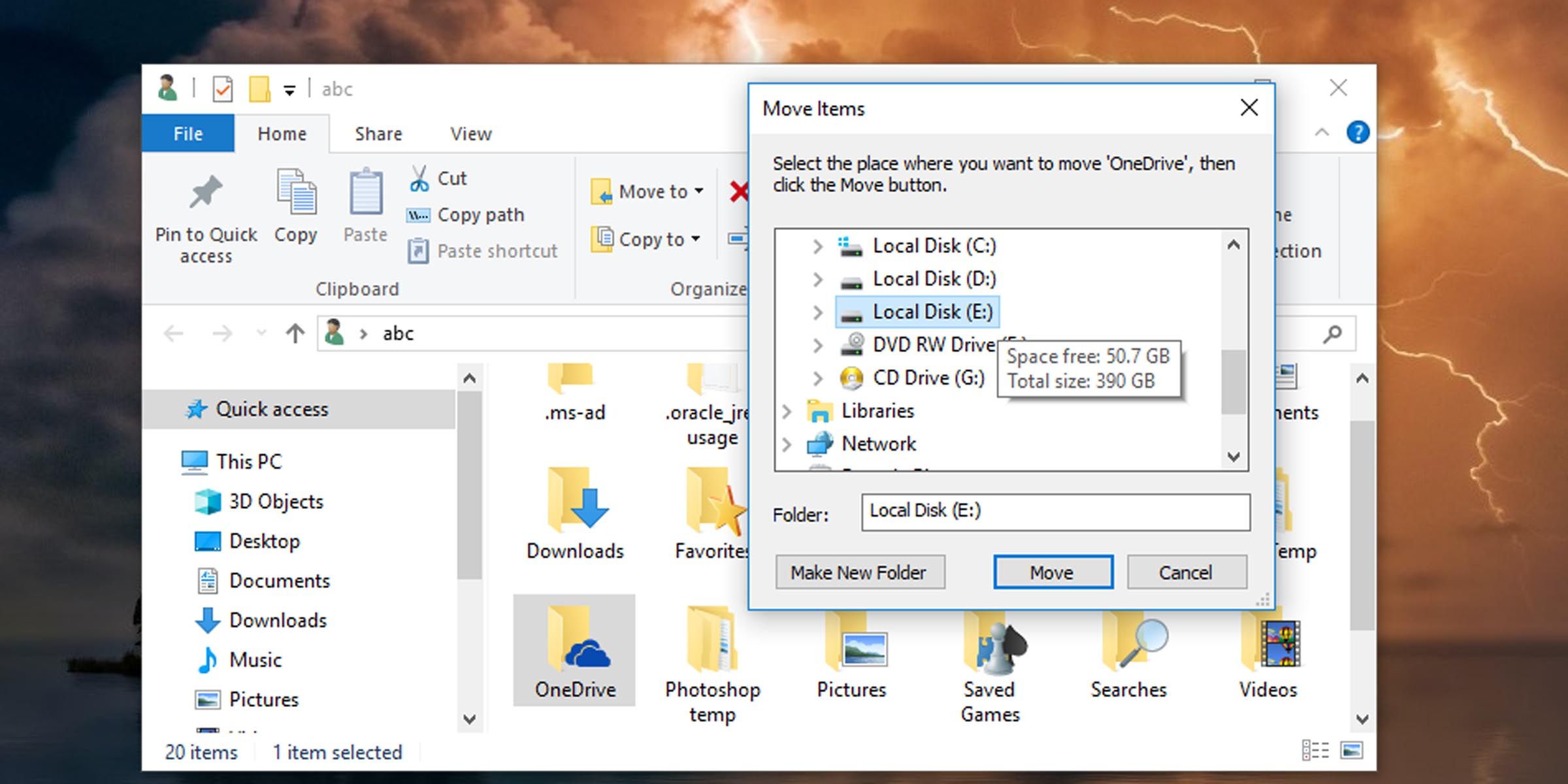 Переместите папку OneDrive в новое местоположение