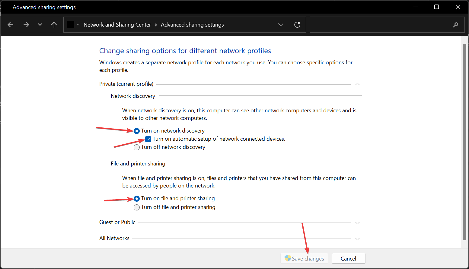 Включение сетевого обнаружения и общего доступа