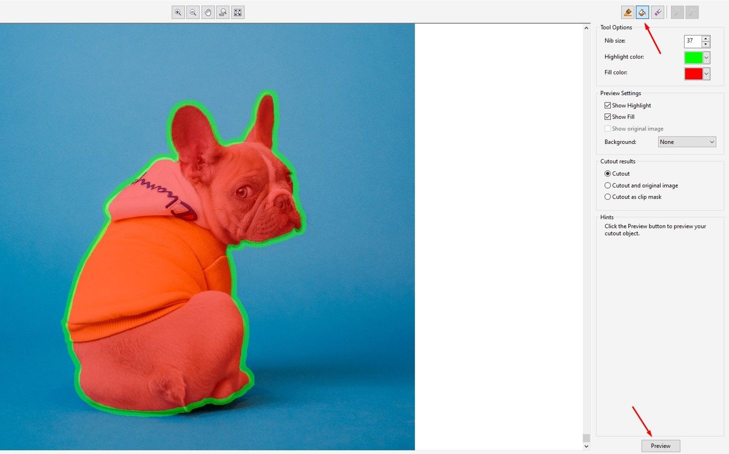 Заполнение области внутри в Cutout Lab