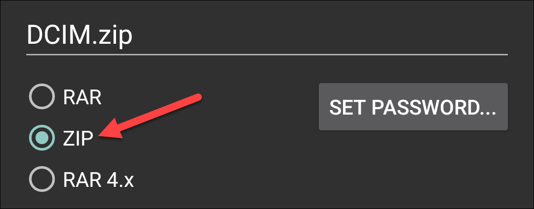 Укажите имя ZIP-файла и выберите формат ZIP.