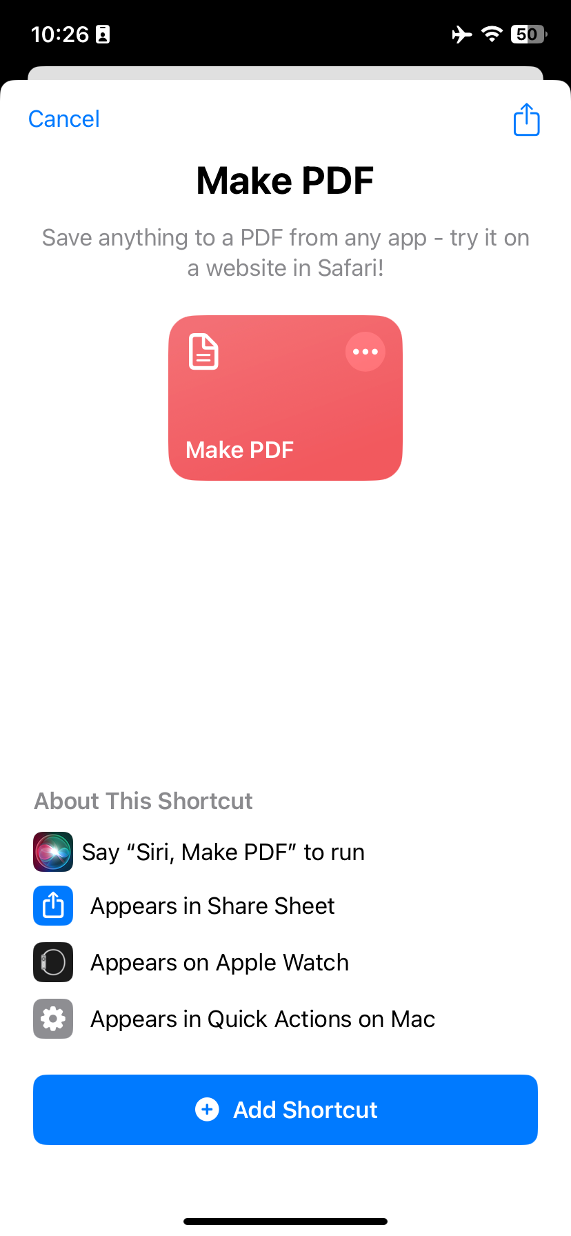 Ярлык Make PDF в приложении Shortcuts