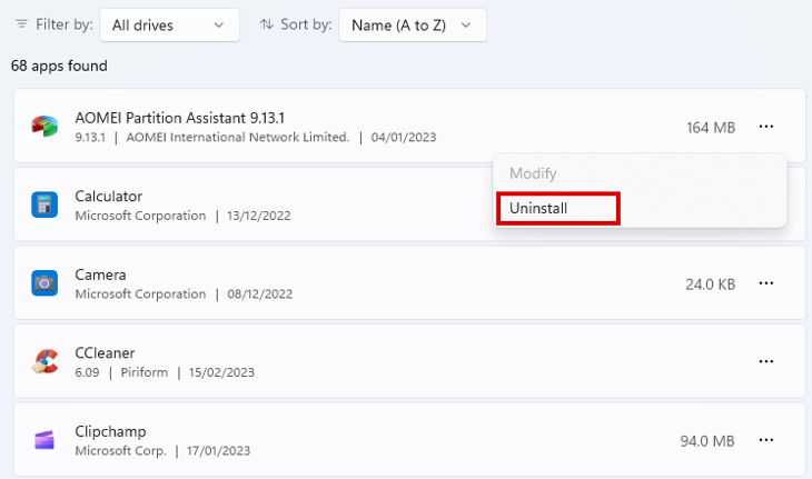 uninstalling apps in Windows 11