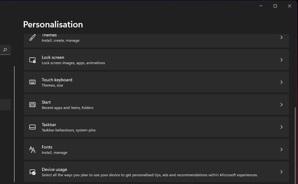 Вкладка Персонализация в Параметрах