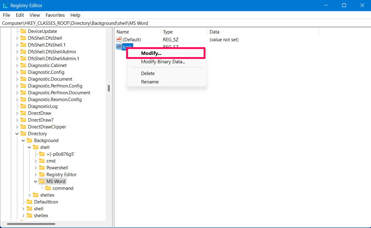Правый клик по Icon и выбор Modify
